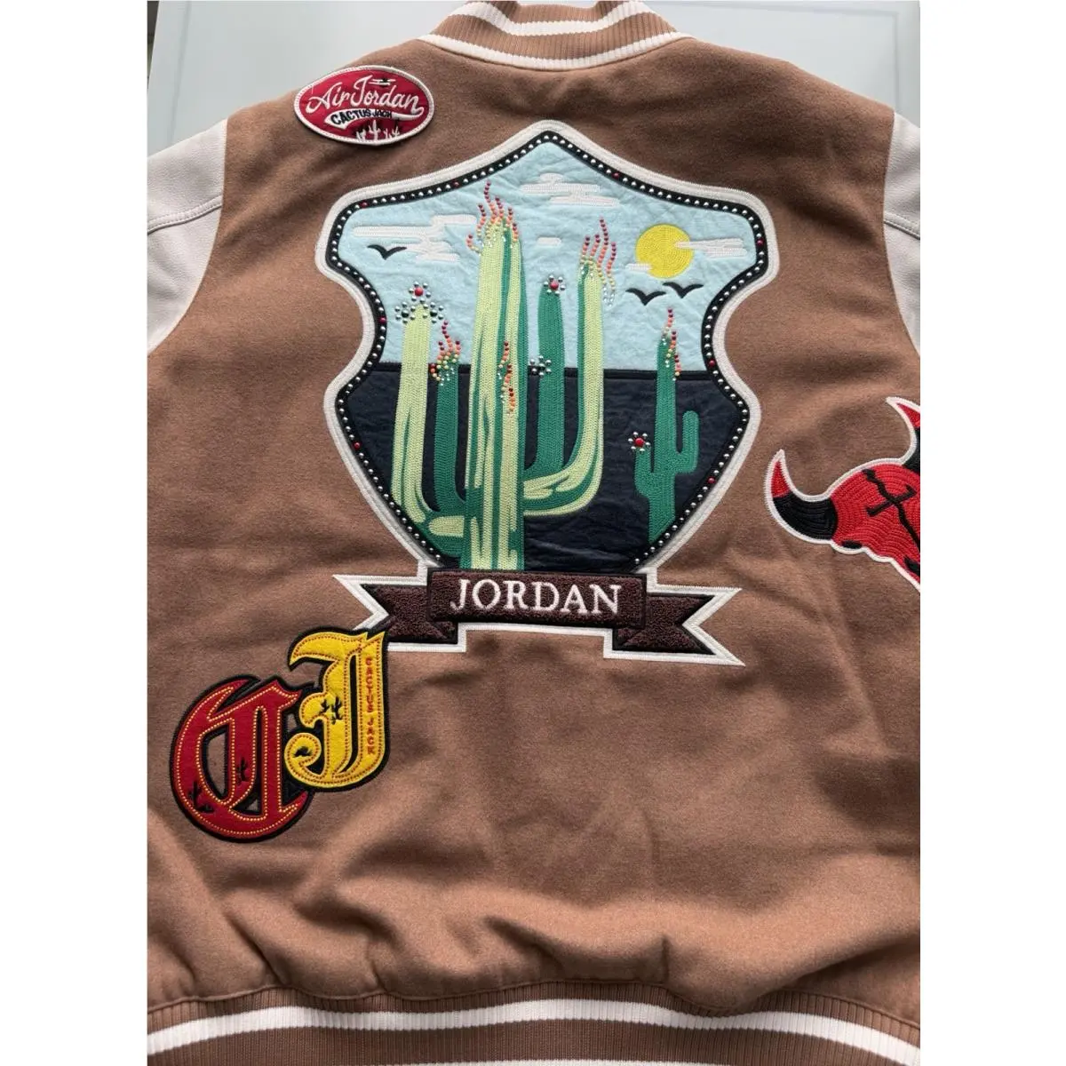 Scott clothing - Travis Scott × Jordan Varsity Jacket - DO4103-256 - Antique Brown/Cream (UPC: 190866317975) 19