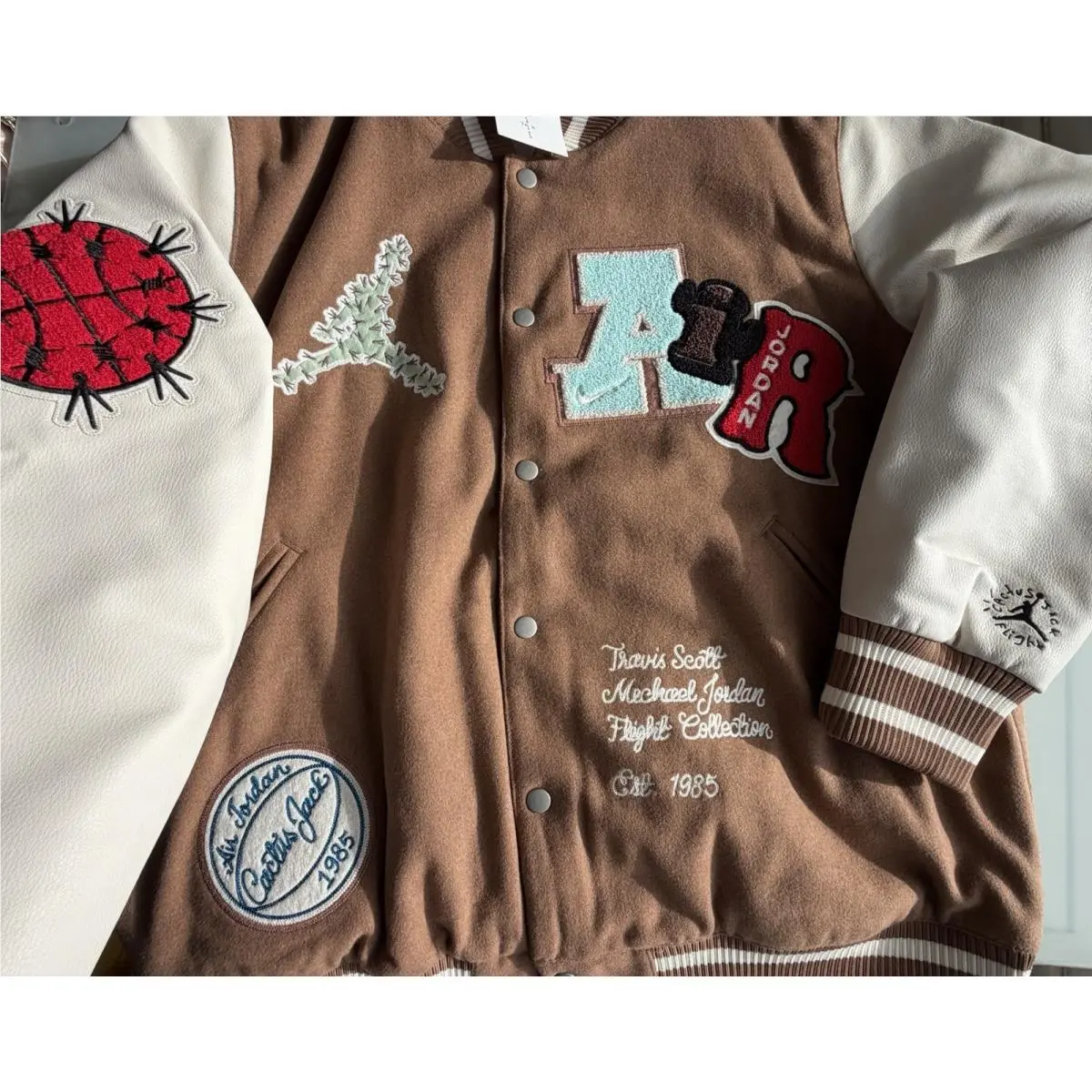 Scott clothing - Travis Scott × Jordan Varsity Jacket - DO4103-256 - Antique Brown/Cream (UPC: 190866317975) 4