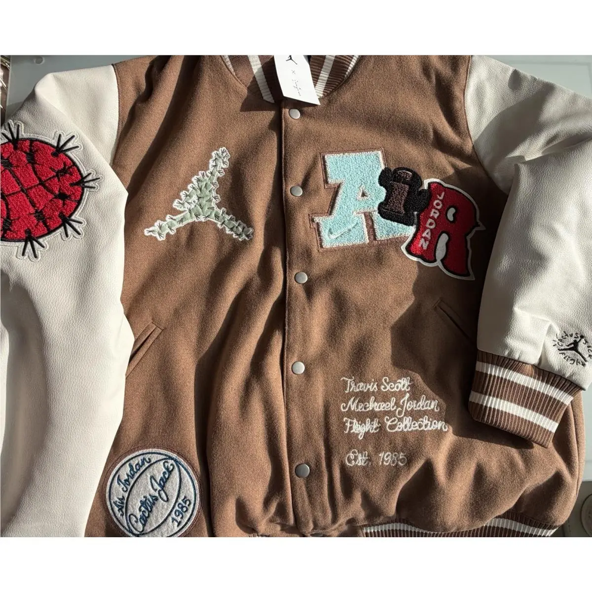 Scott clothing - Travis Scott × Jordan Varsity Jacket - DO4103-256 - Antique Brown/Cream (UPC: 190866317975) 5