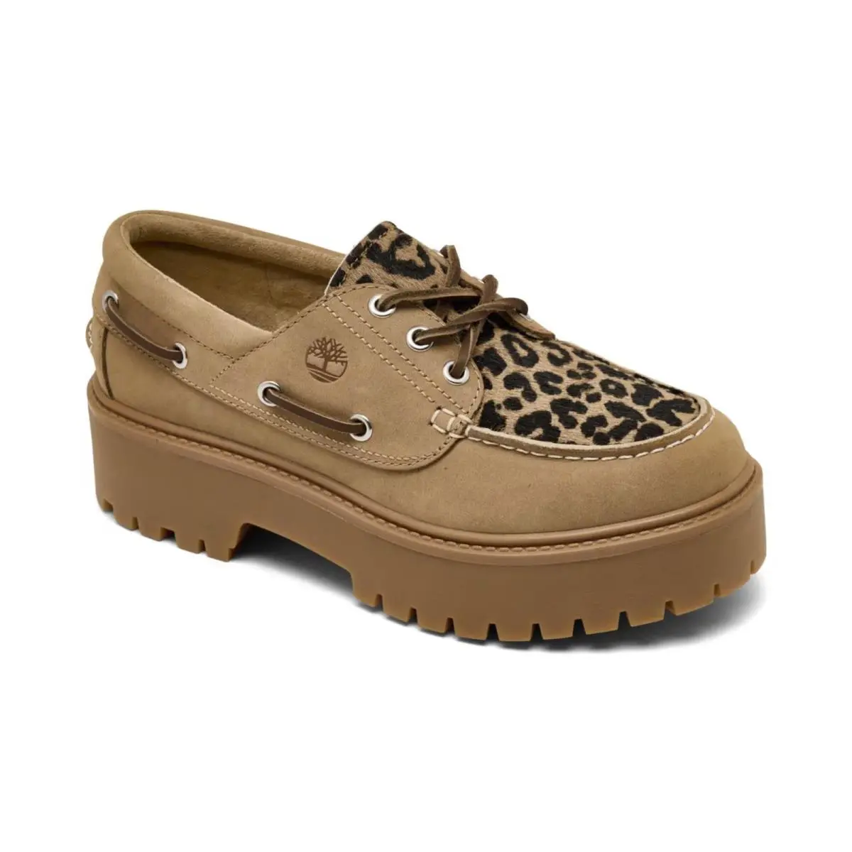 Timberland Stone Street 3-Eye Leopard Print Platform Boat Shoes Medium Beige Nubuck Leopa