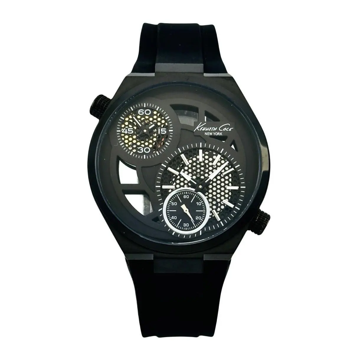 Kenneth Cole NY KC1680 Men’s Dual Time Black Skeleton Black Rubber Strap Watch