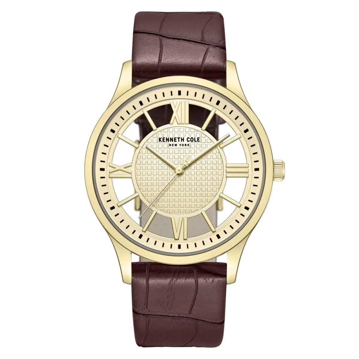 Kenneth Cole KCWGA0000473 Men`s Watch Gold Dial Brown Leather Strap