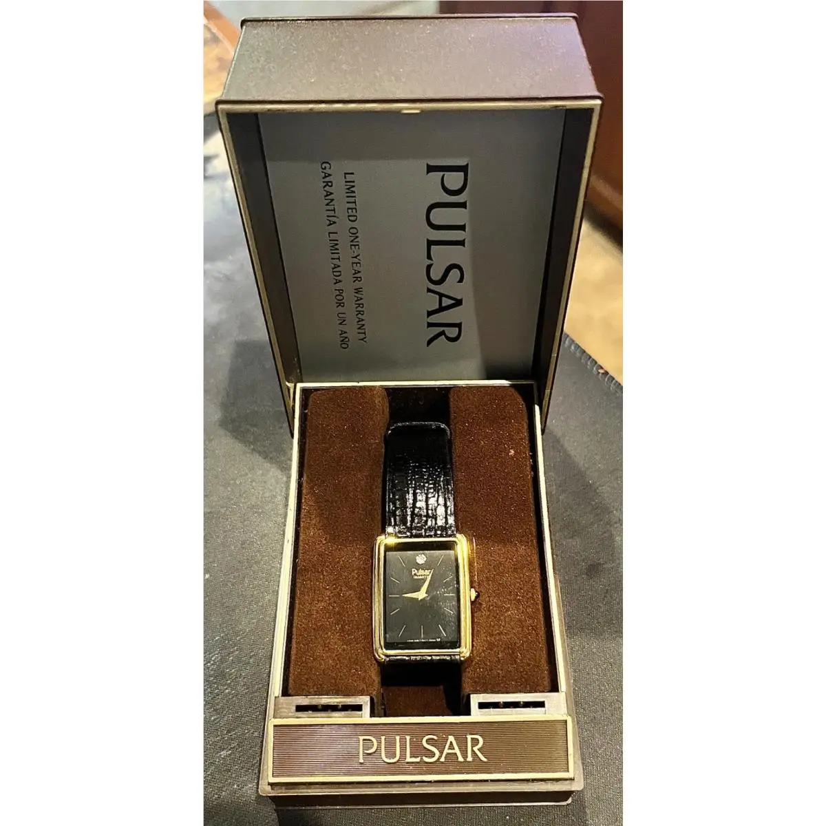Mens Vintage  Quartz Watch V920-5059 Gold Tone Black Dial Box by Pulsar