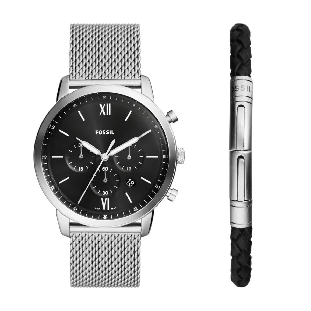 Men`s Watch and Bracelet Set Neutra Quartz 44MM Silver Mesh Gift Set by Fossil