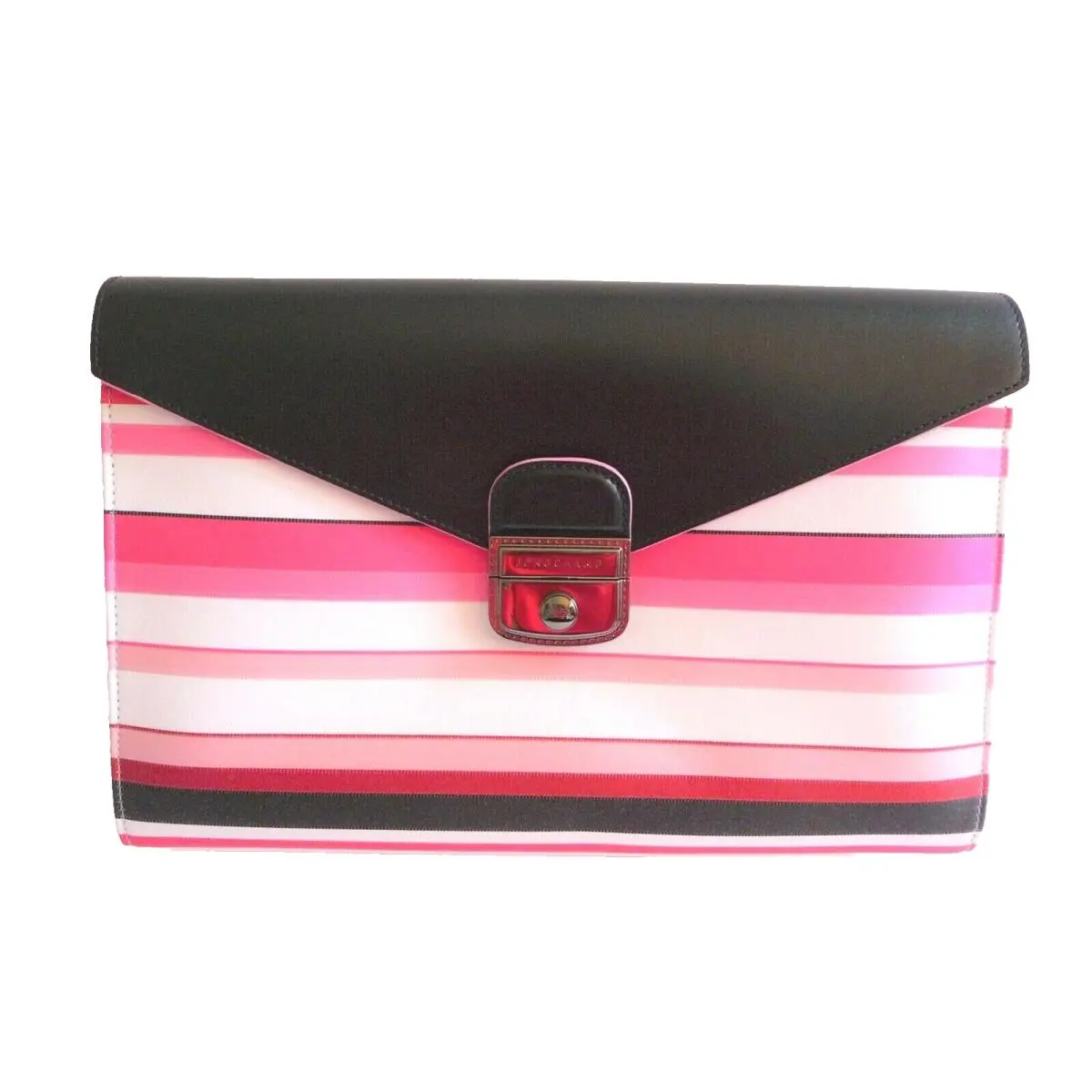 Purse Clutch Bag Heritage Pink Black White Stripe Fabric Leather by Longchamp