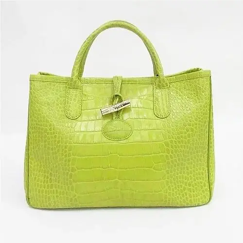 Leather Chartreuse Green Croc Embossed Handbag Roseau Tote Purse by Longchamp