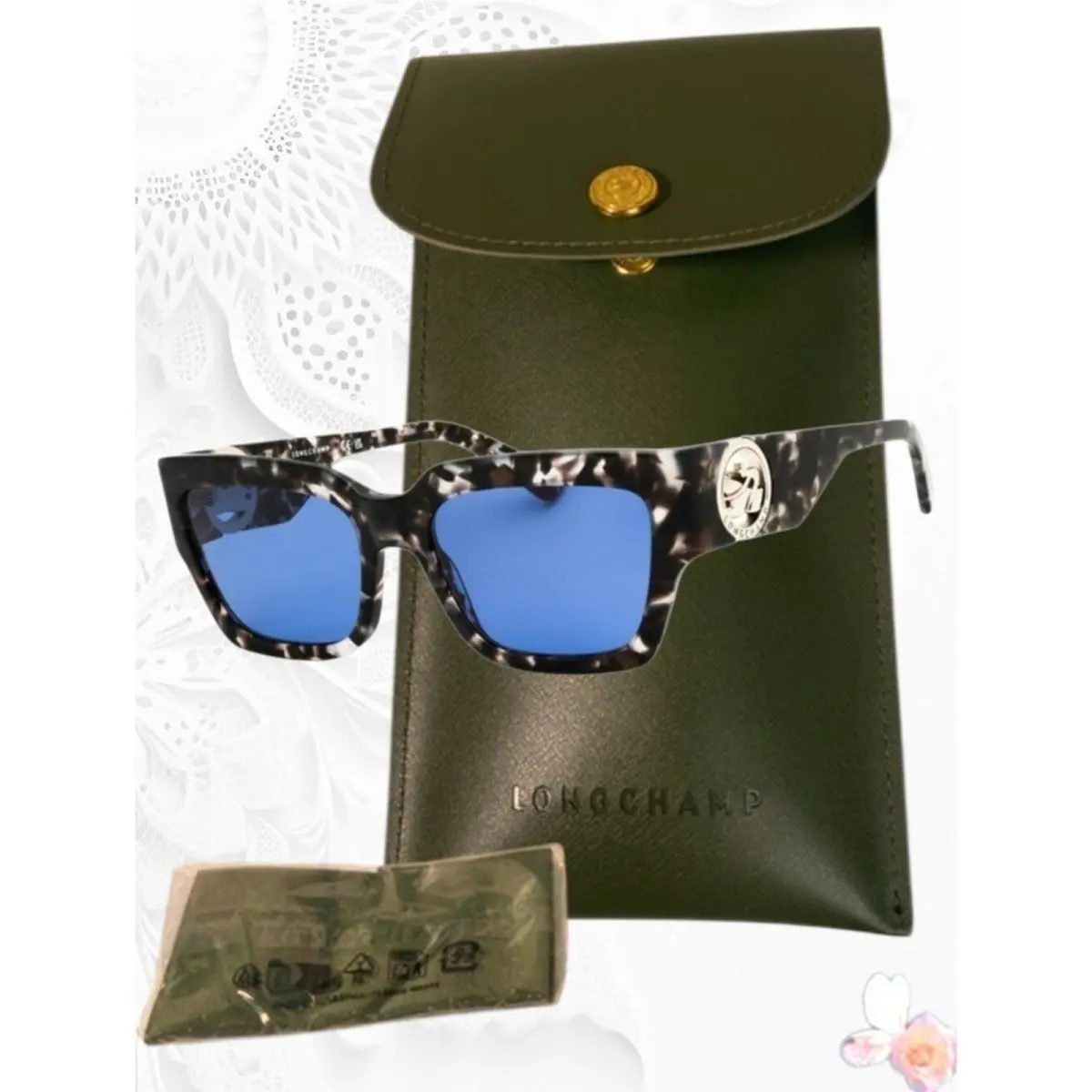LO735S Havana Rectangle 55 mm Sunglasses Black/white/blue Lens by Longchamp