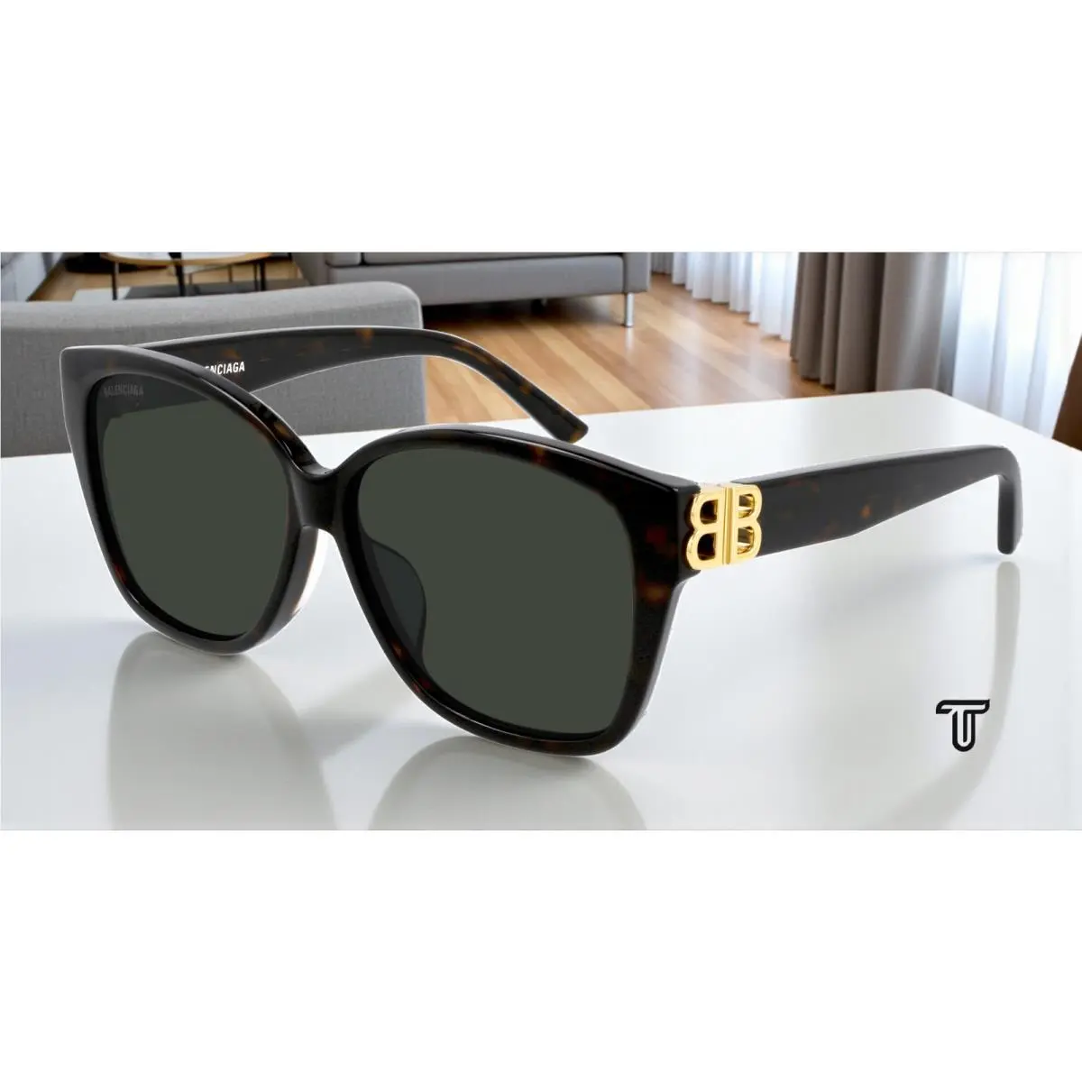 Balenciaga BB0135SA 002 Squared Havana Solid Green 59 mm Women`s Sunglasses