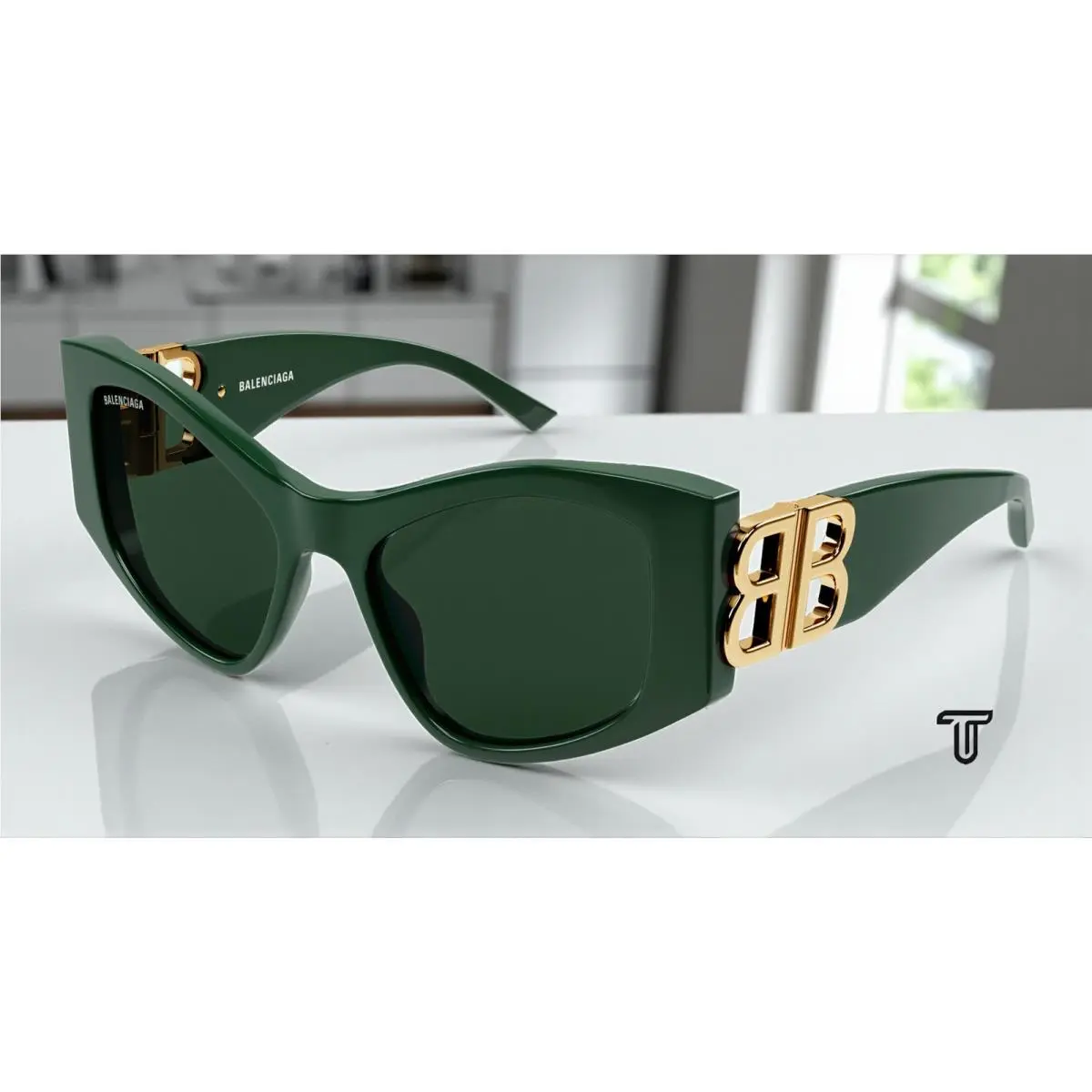 Balenciaga BB0287S 005 Cat Eye Recycled Acetate Green 55 mm Women`s Sunglasses