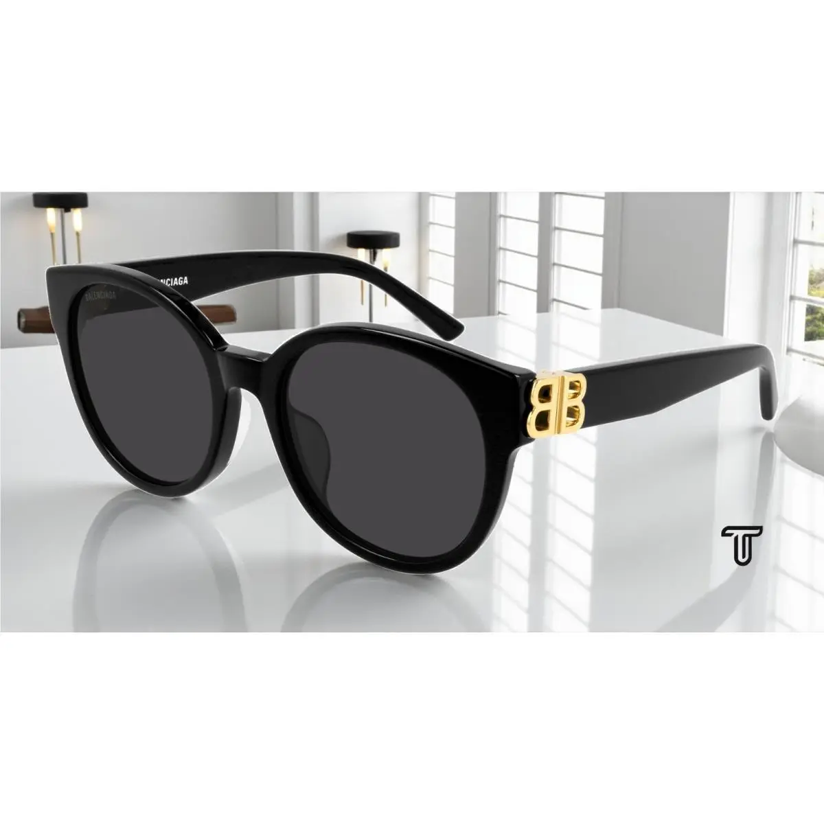 BB0134SA 001 Oval Panthos Black Gold Grey 55 mm Women`s Sunglasses by Balenciaga