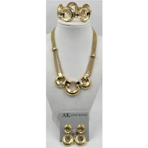 AK Anne Klein 16 Gold Tone Multi Strand Necklace Bracelet Earring Set