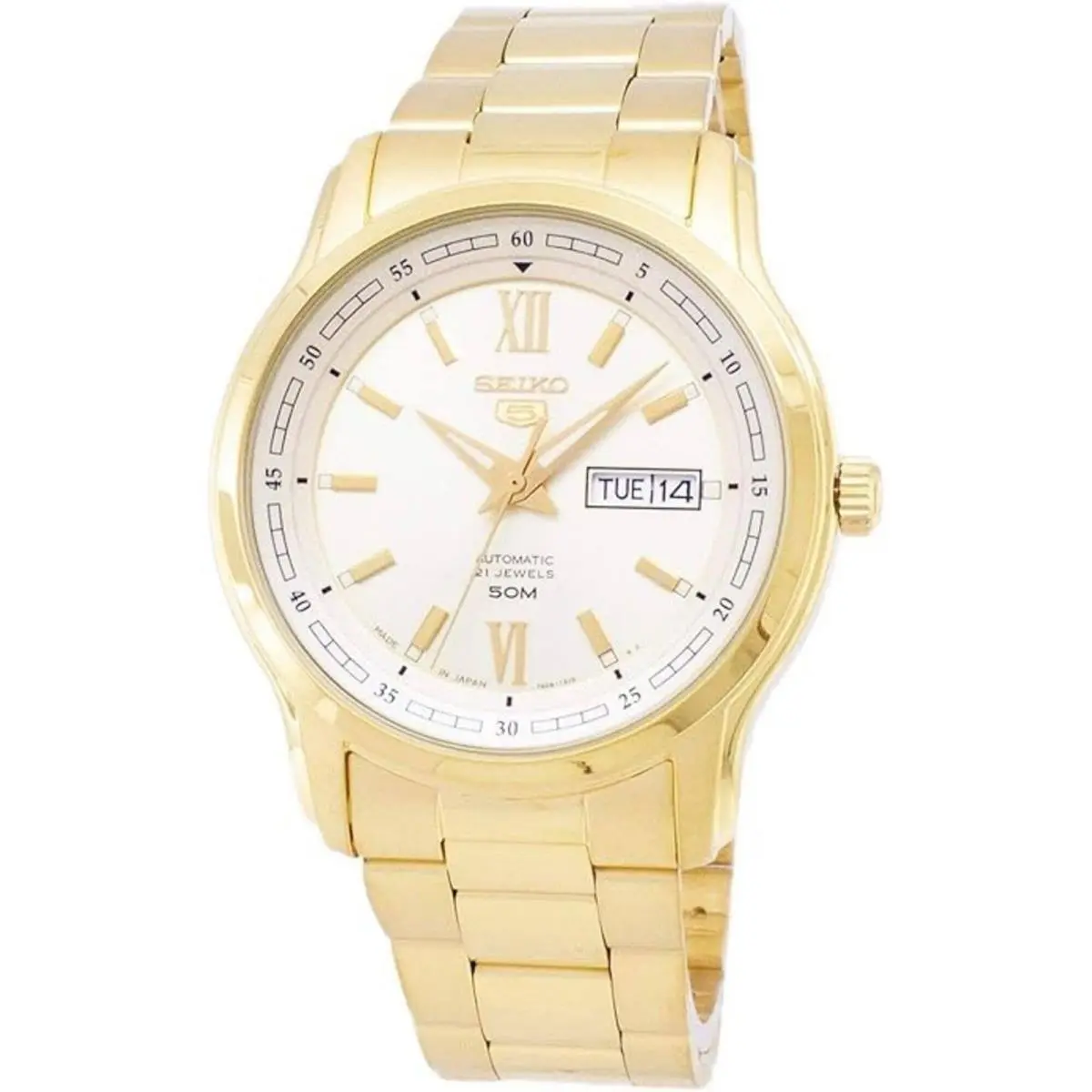 Seiko Men`s Watch 5 Automatic Champagne Dial Yellow Gold Bracelet SNKP20K1