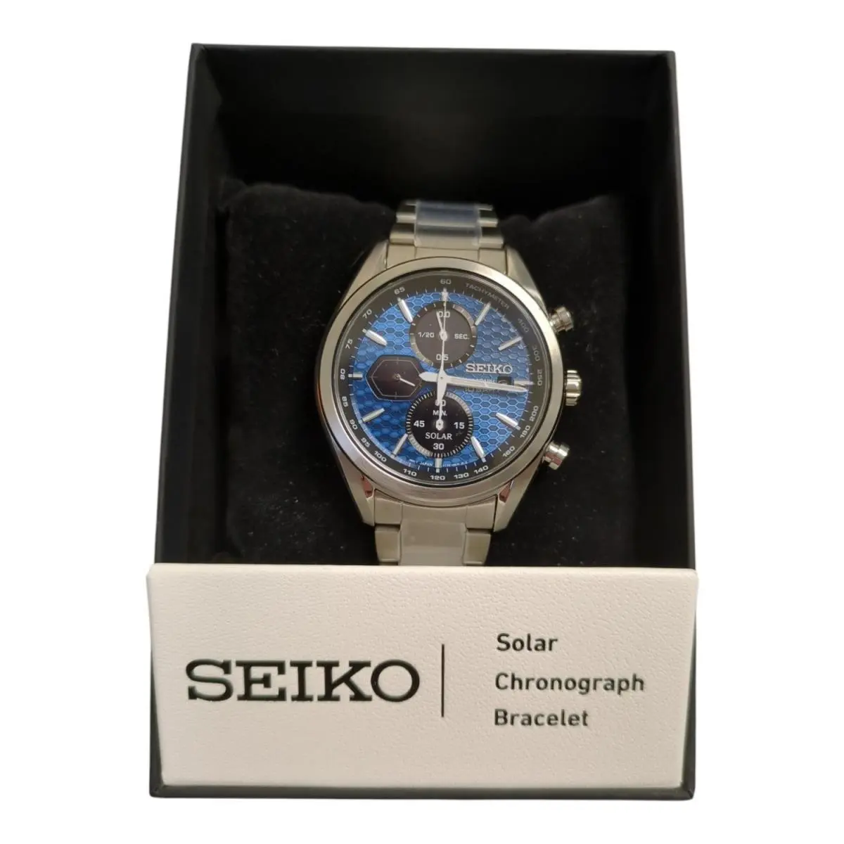 Seiko Men`s Essentials Stainless Steel Solar Chronograph Wristwatch SSC801 - Dial: Blue, Band: Silver, Bezel: Silver