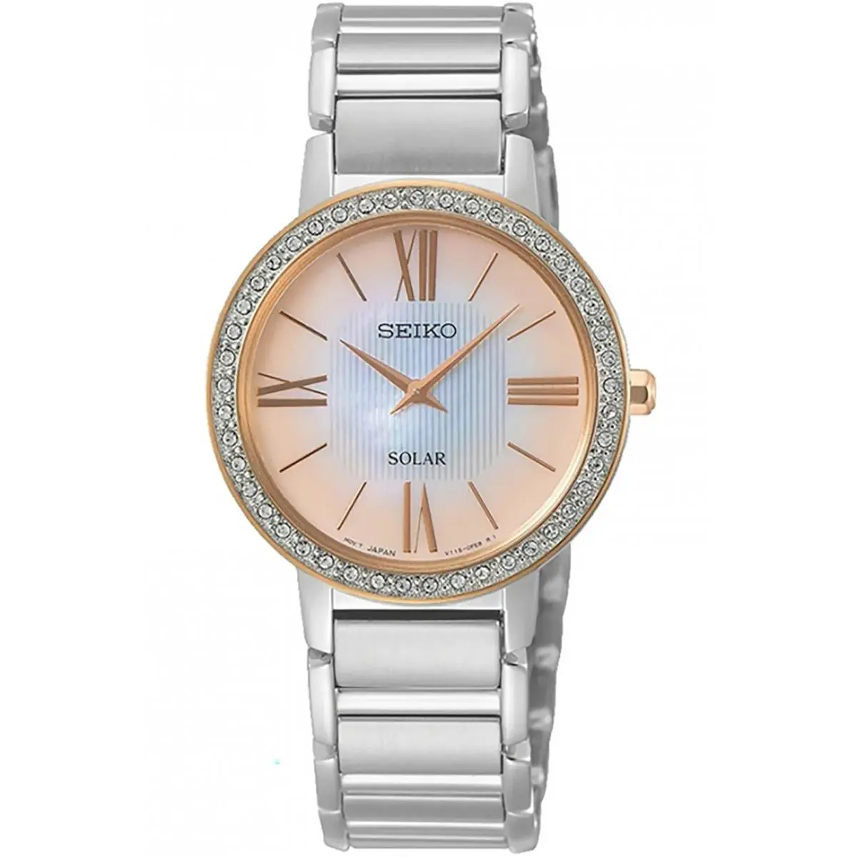 Seiko SUP432P1 SUP432 Ladies Solar Quartz Stainless Case Hardlex Crystal 50m WR - Dial: Mother of pearl, Band: Silver, Bezel: Rose gold, Swarovski Crystals