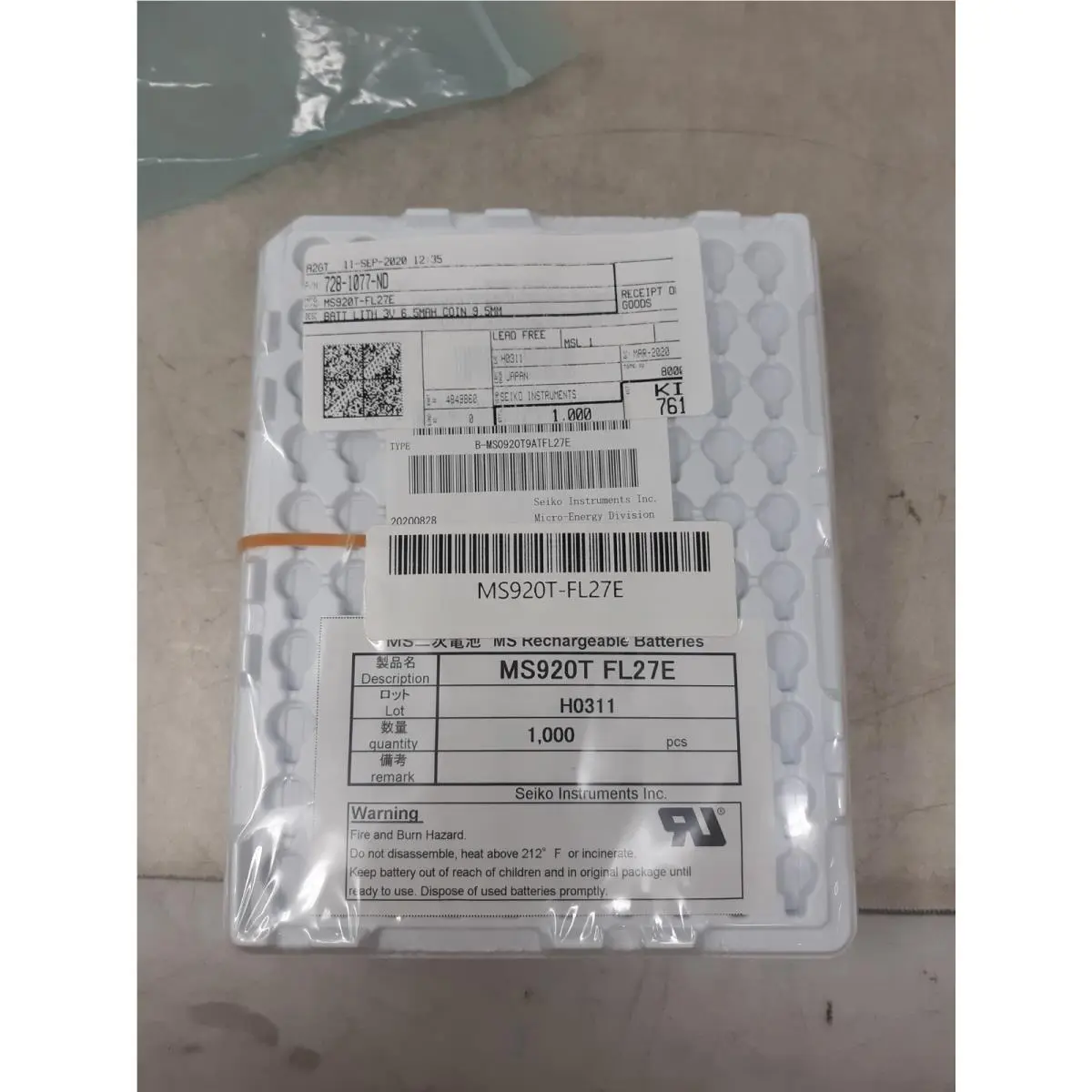 1000 Pcs  Instruments Batt Lith 3V 6.5MAH Coin 9.5MM MS920T-FL27E by Seiko
