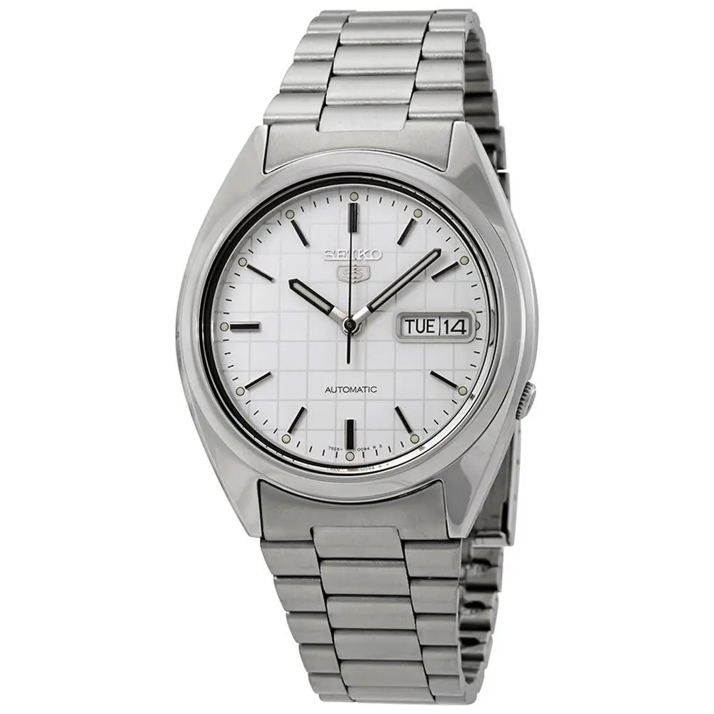 Seiko 5 SNXF05 Men`s Stainless Steel White Checker Dial Day Date Automatic Watch