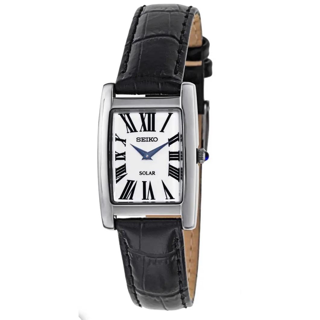 Ladies  Solar Tank Watch V115-0BK0 22mm x 33mm SUP271 Black Leather Strap by Seiko