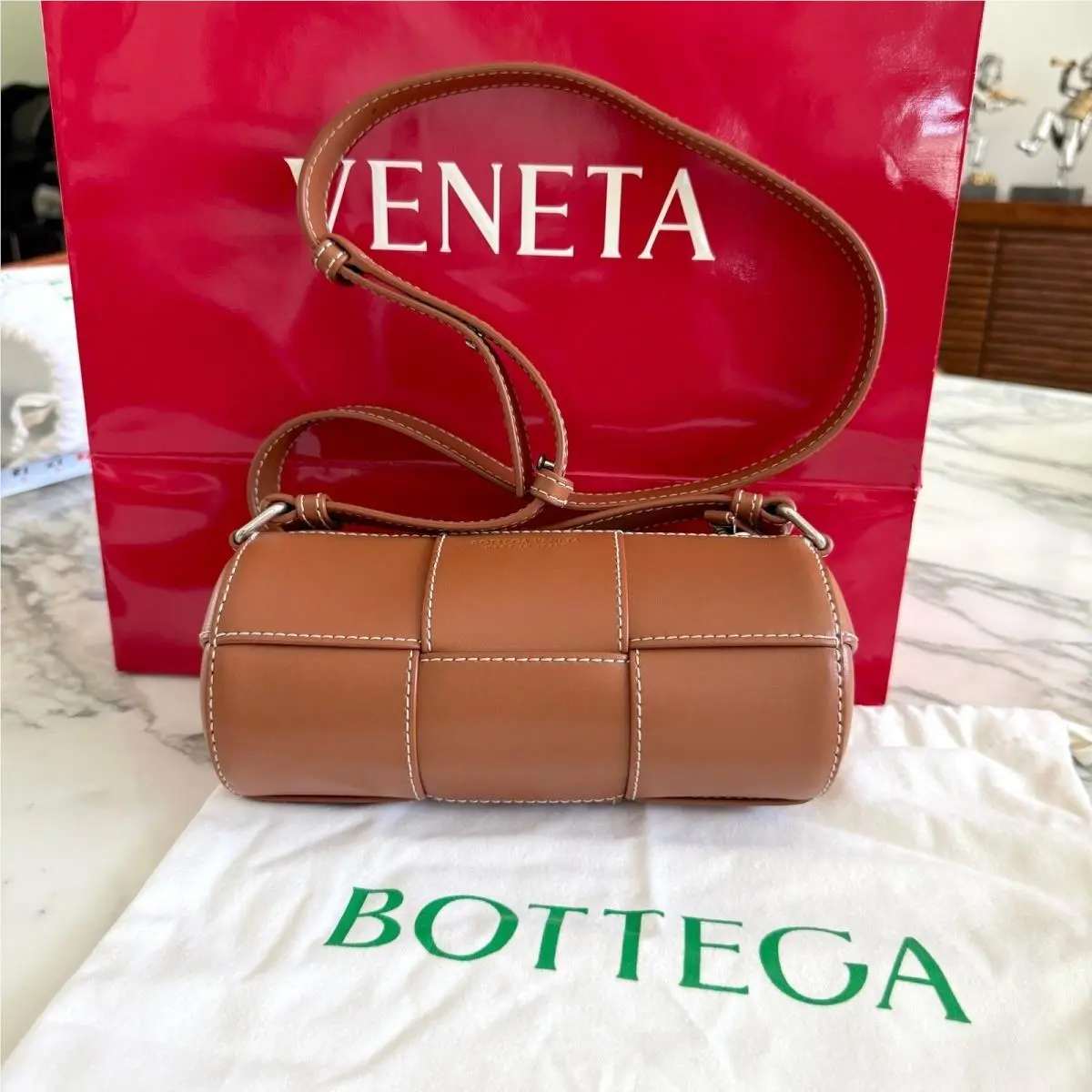 741561 Urban Stitch Leather Barrel Bag Brown Crossbody by Bottega Veneta