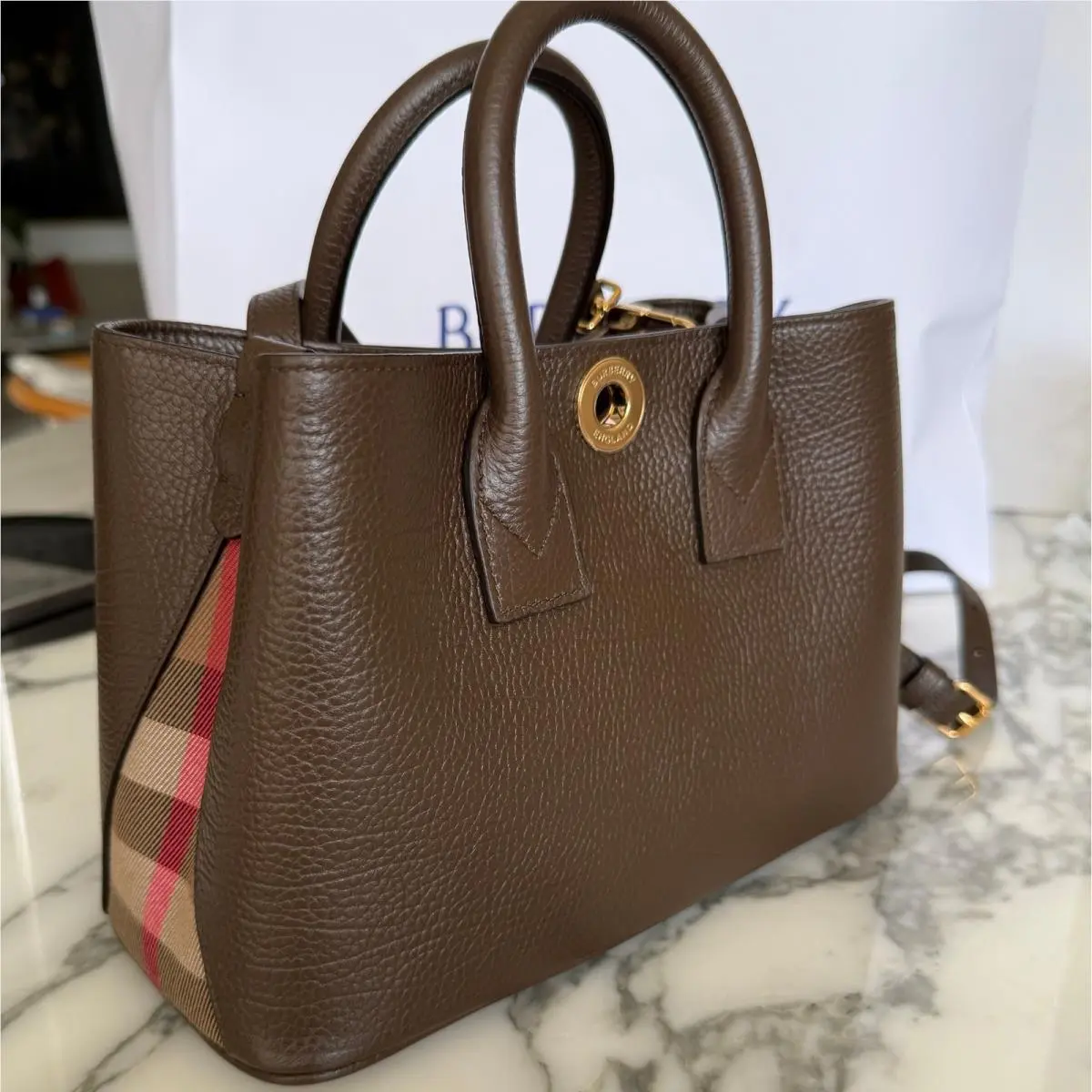 Burberry Small Bermondsey Shoulder Bag Brown Grain Leather Check Bag