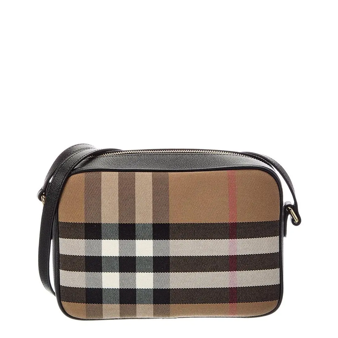 Burberry Check Canvas Leather Shoulder Bag Women`s Black