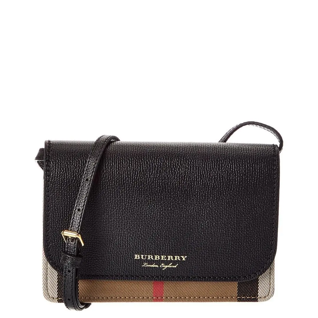 Burberry Check Canvas Leather Crossbody Women`s Black