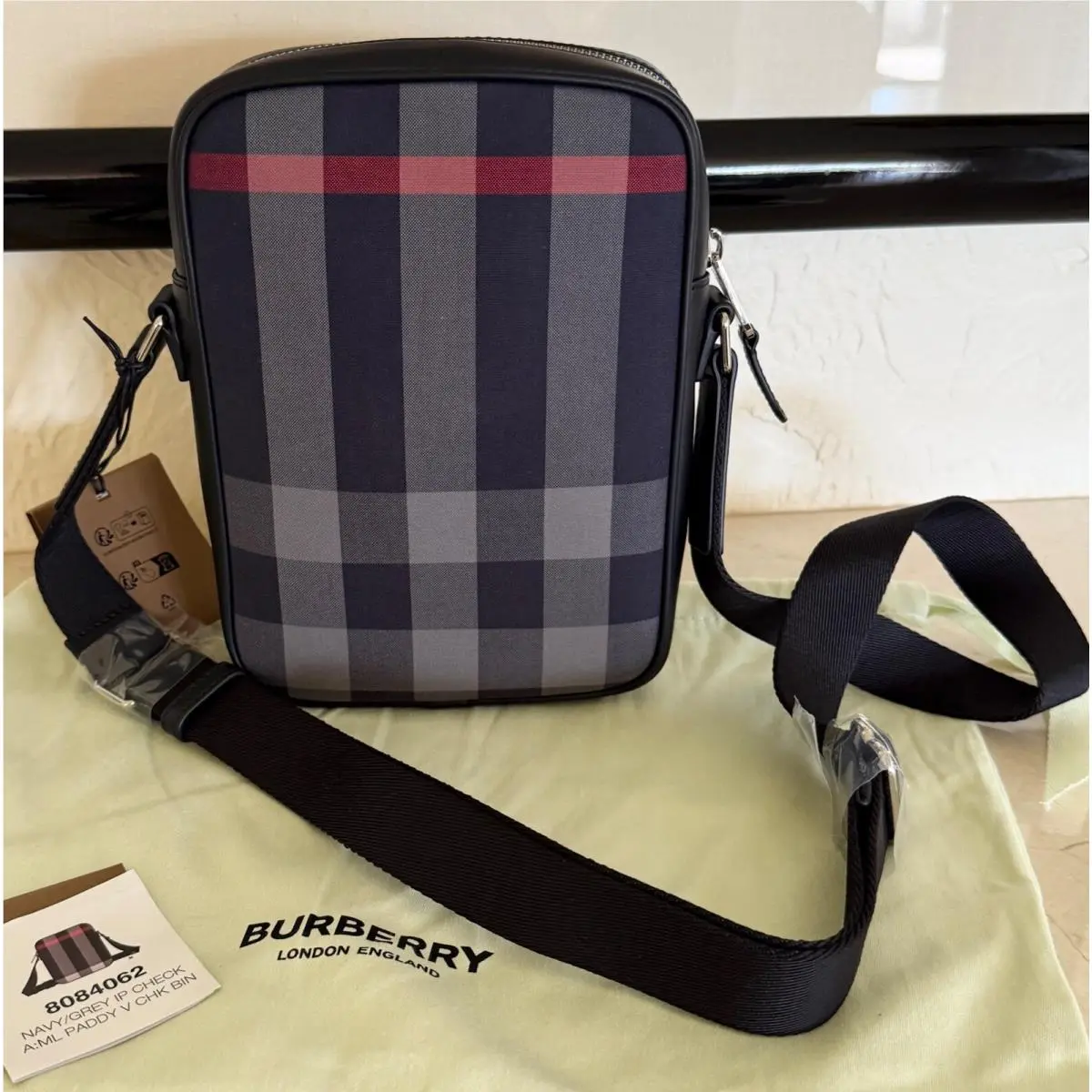 Paddy Crossbody IP Check Bag Navy/red with Black Leather by Burberry