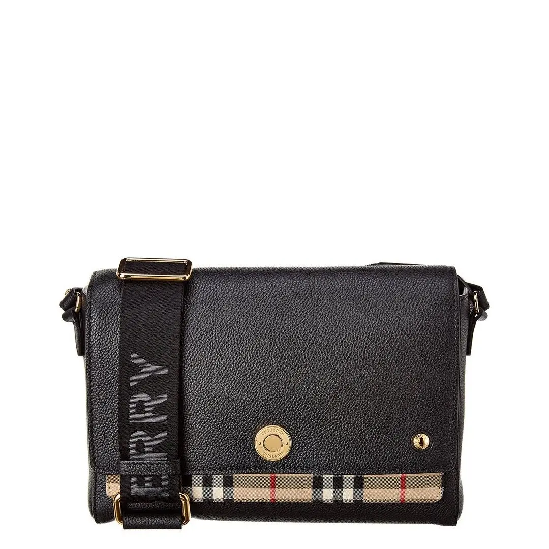 Burberry Note Medium Vintage Check Leather Shoulder Bag Women`s Black