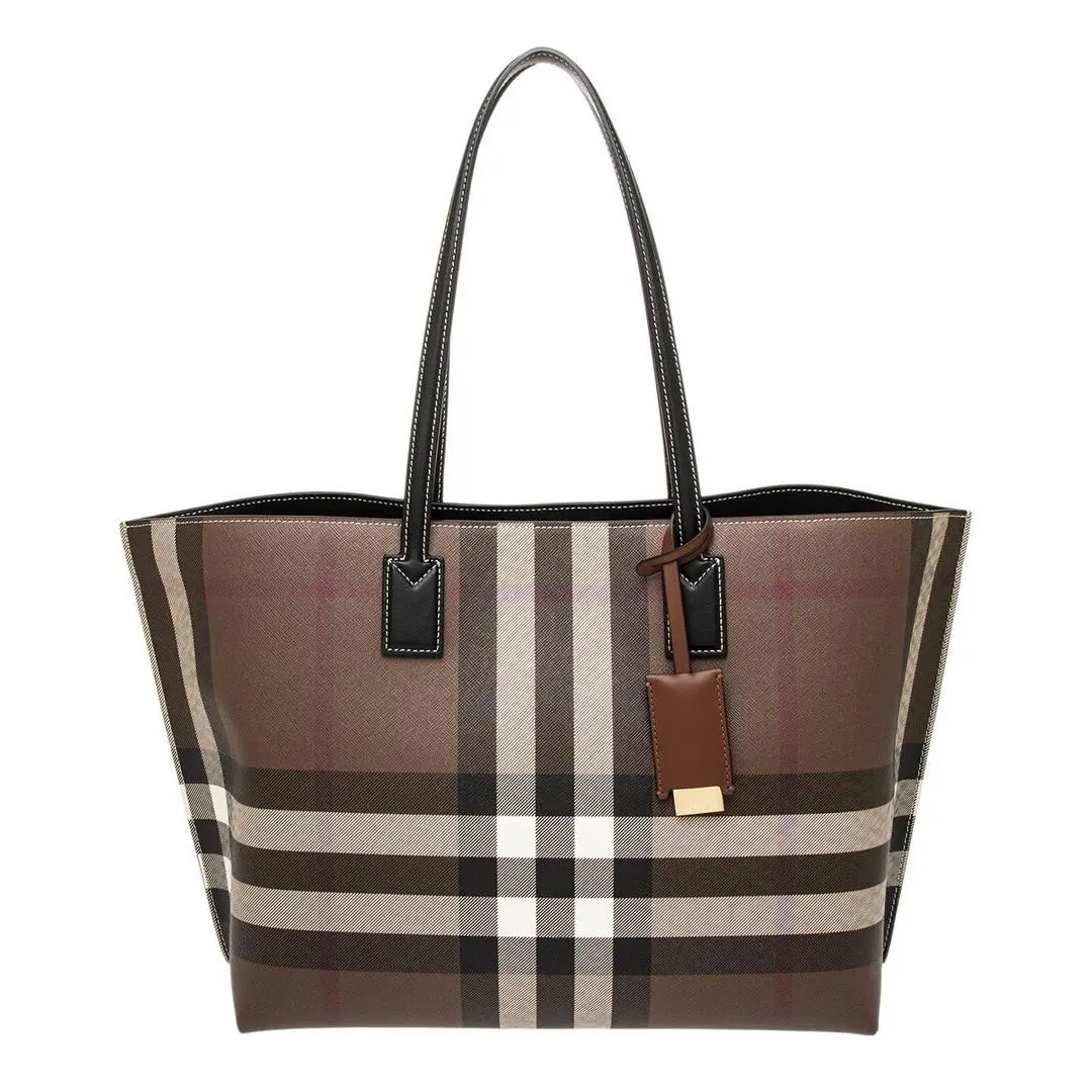 Burberry Check E-canvas Leather Tote Women`s Brown