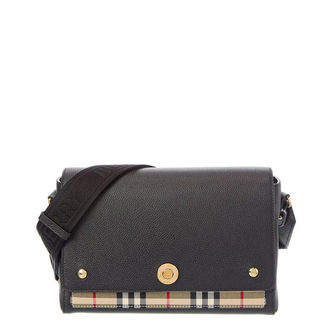 Burberry Note Medium Check Canvas Leather Shoulder Bag Women`s Black