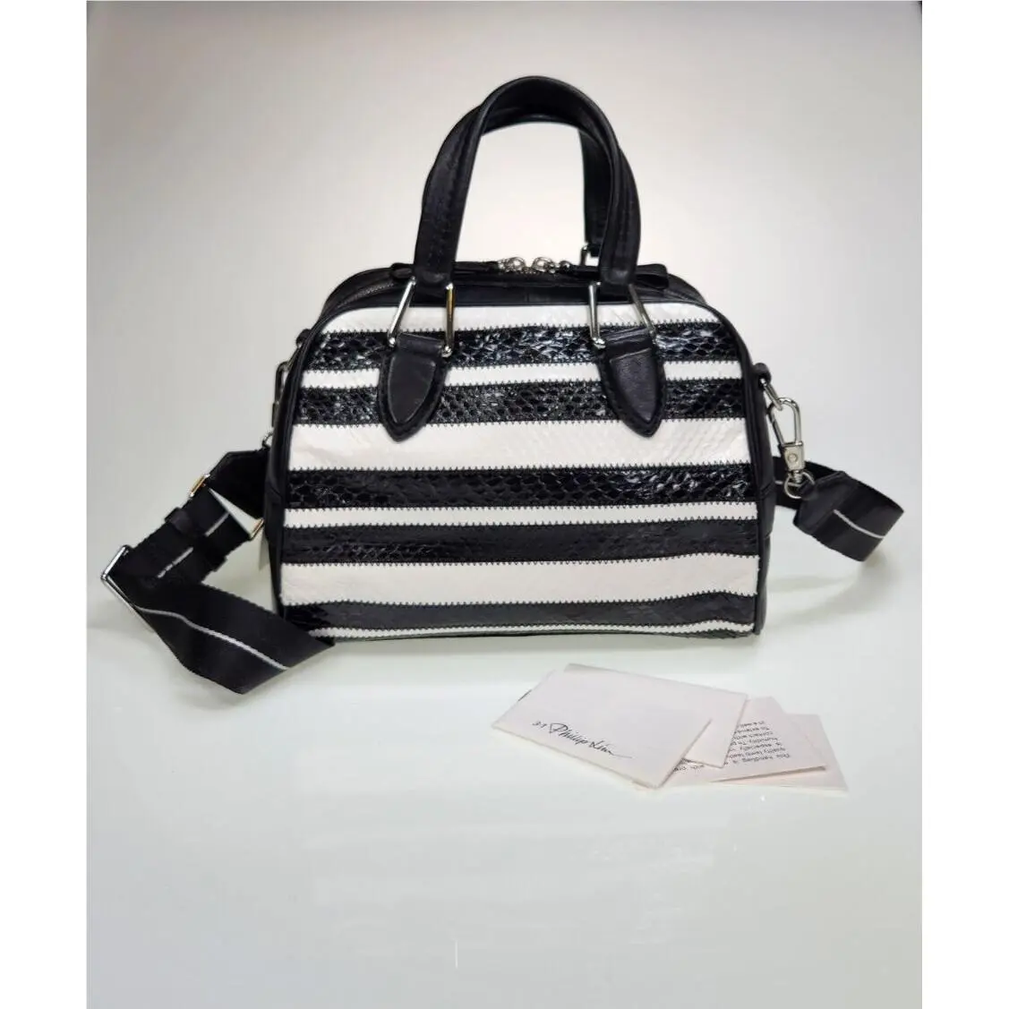 3.1  Ray Small Flight Snake Black White Stripe Leather Shoulder Bag by Phillip Lim