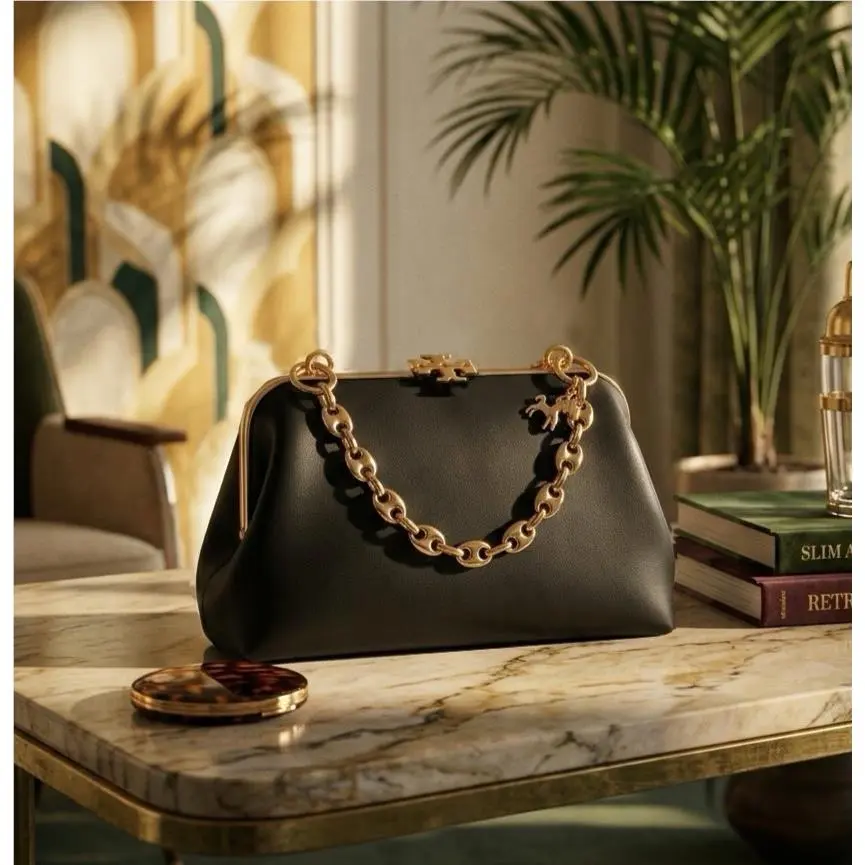 Cleo Black Leather Small Kiss Lock Chain Handbag/crossbody Bag by Tory Burch