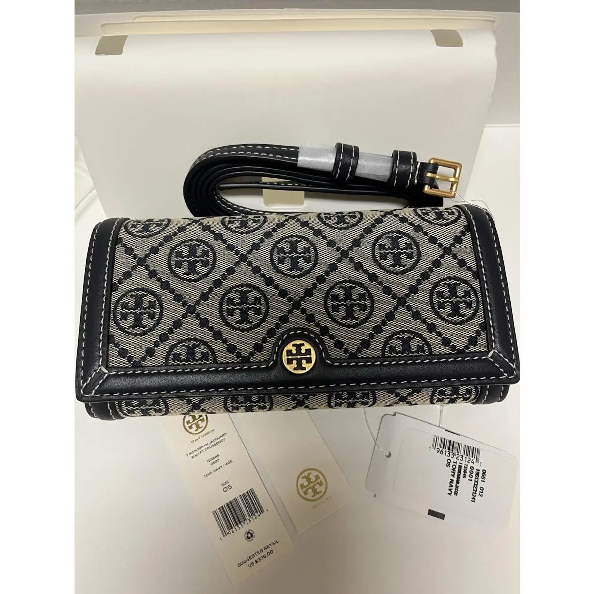 Tory Burch T Monogram Navy Jacquard Wallet Crossbody