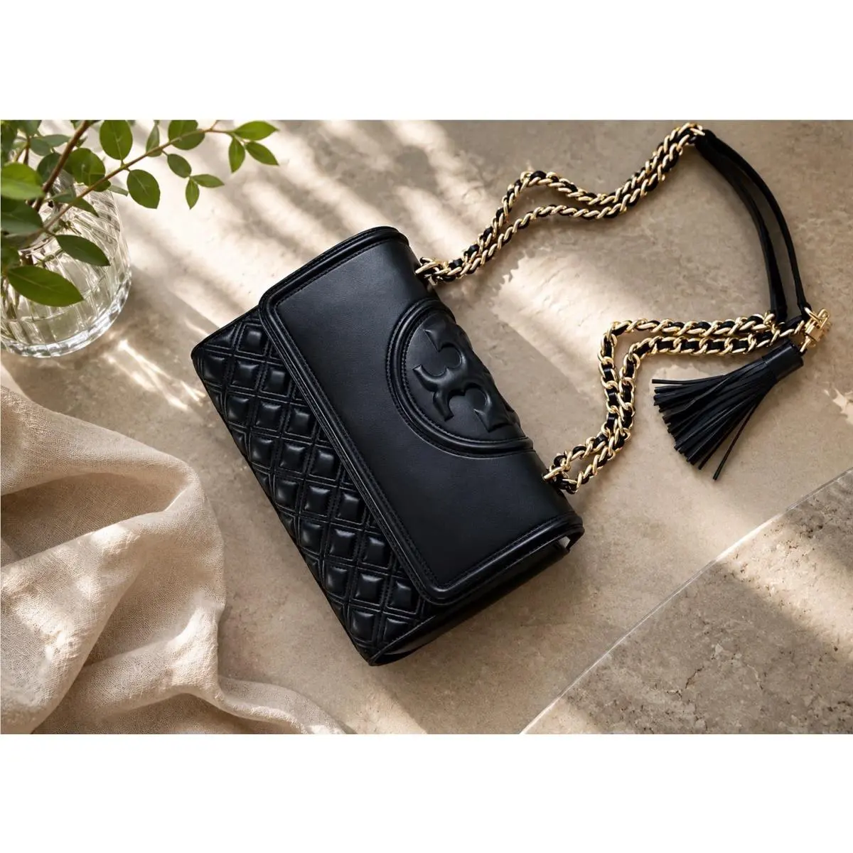 Fleming Small Convertible Shoulder Bag Black Leather Gold Cha by Tory Burch