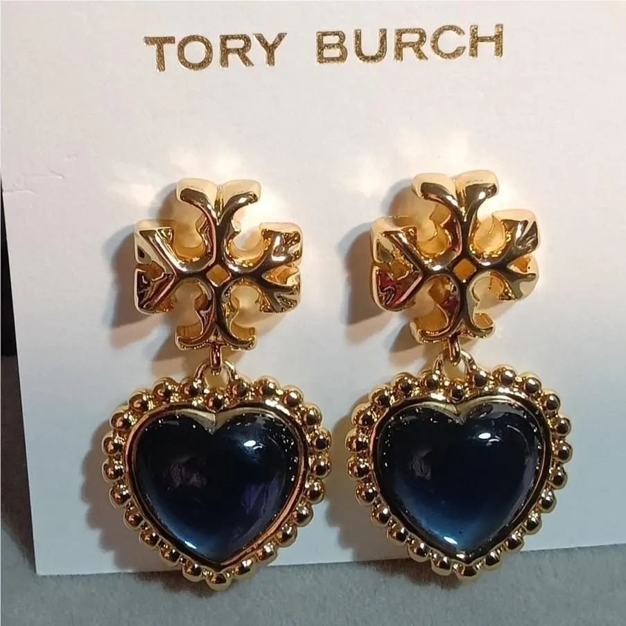 Tory Burch Roxanne Heart Earrings Gold Blue Signed Logo Dangle