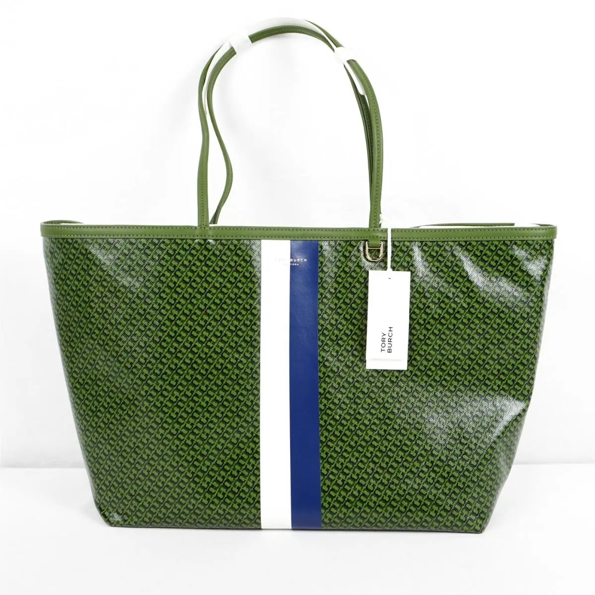The Racer Tote Coated Canvas Women`s Bag In Green Print 178726 by Tory Burch