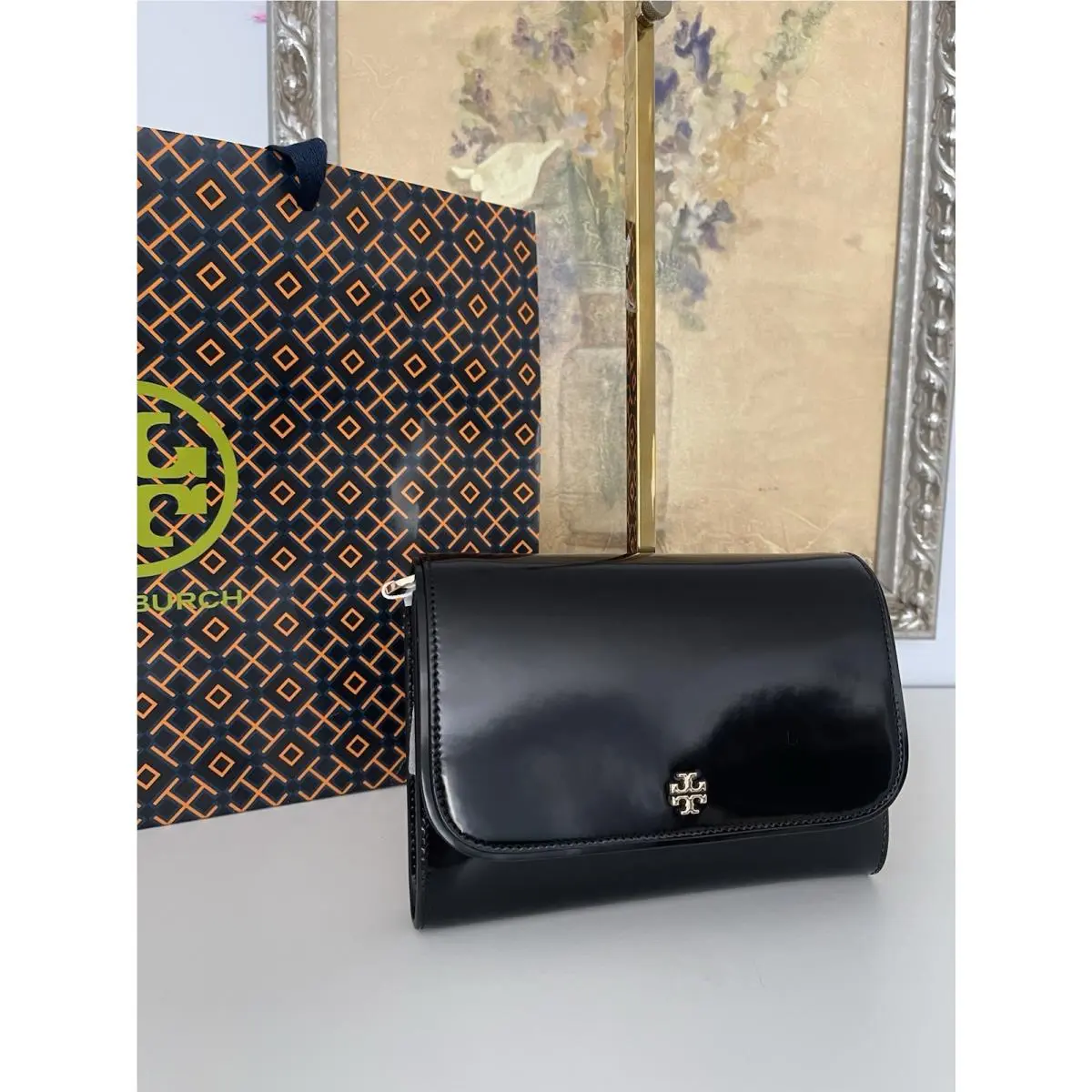 Tory Burch Black Patent Leather Emerson Chain Wallet Small Crossbody 176976