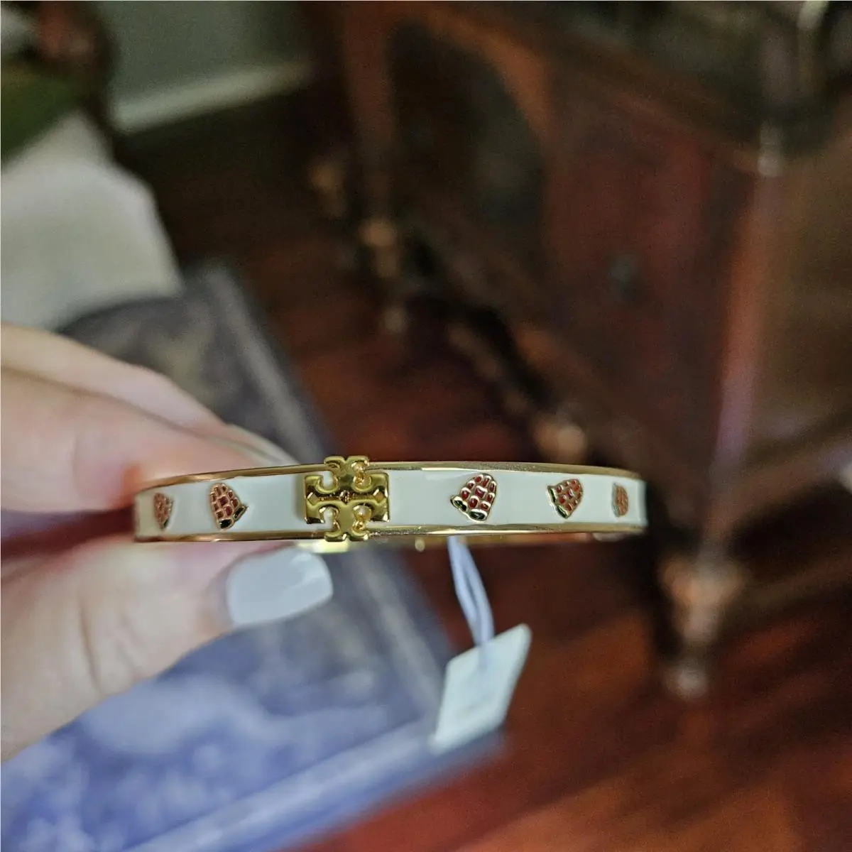 Tory Burch Kira Enameled Strawberry Bangle Bracelet. Rare Preppy Whimsica Fun