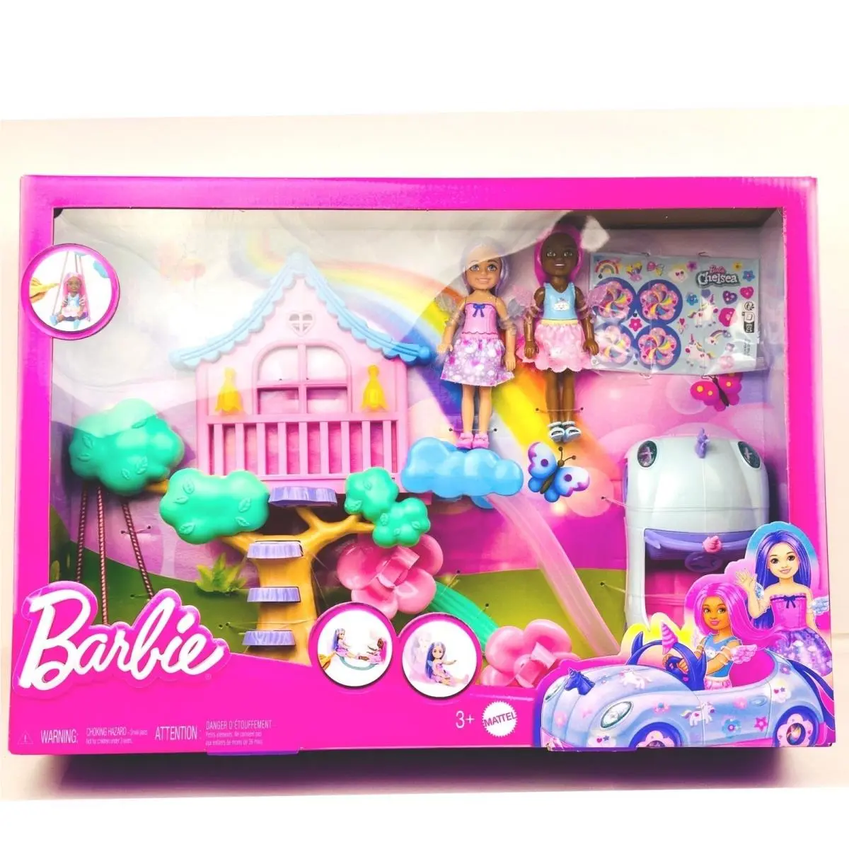 Barbie Chelsea Treehouse Playset Dollhouse Car Swing Rainbow Bridge