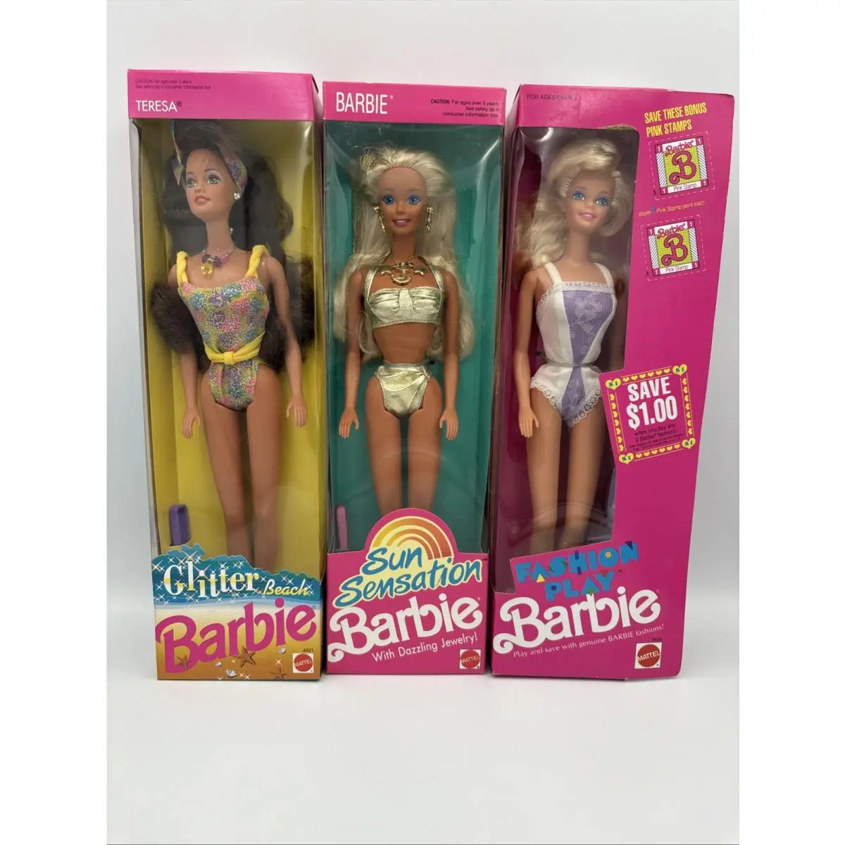 Mattel Barbie Dolls 3 Vtg Collector 90s Sun Sensation Glitter Fashion Play