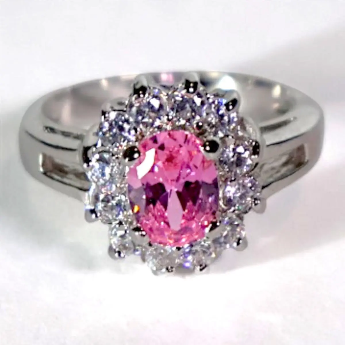 Pink Swarovski Crystal Halo Ring Sterling Silver Overlay Size 8 Oval Statement