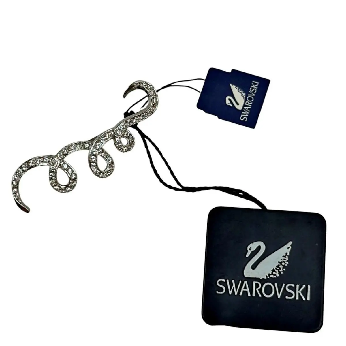 Swarovski Crystal Swirl Ribbon Bar Curly Brooch Pin Signed Silver Tone 2