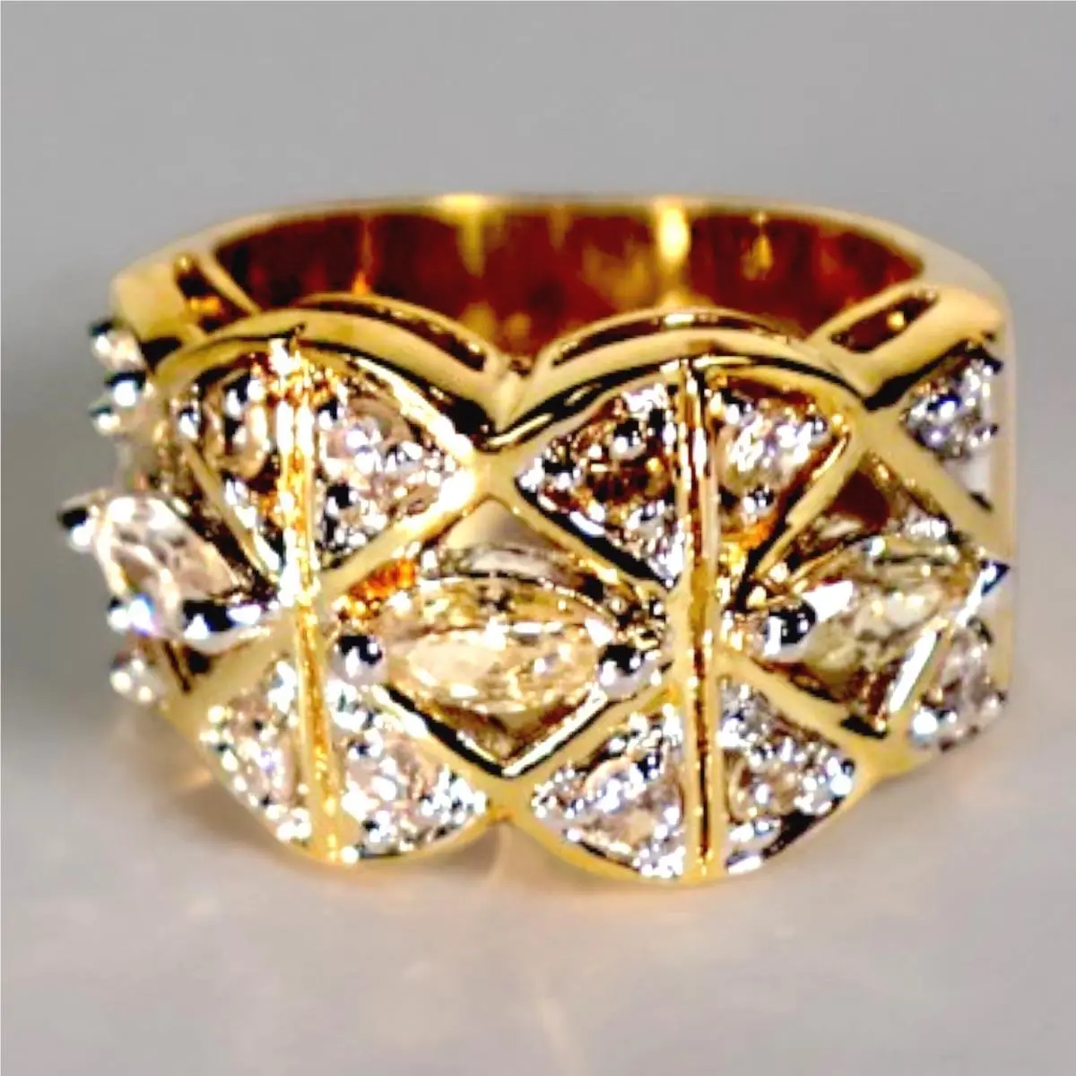Swarovski Crystal Ring 14k Gold Overlay Brass Wide Band Marquise Statement 5