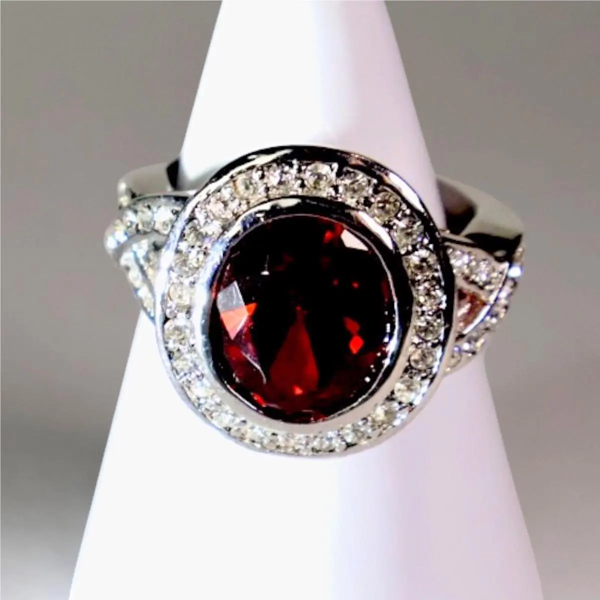 Swarovski Crystal Red Oval Halo Ring Rhodium Overlay Size 8 Statement