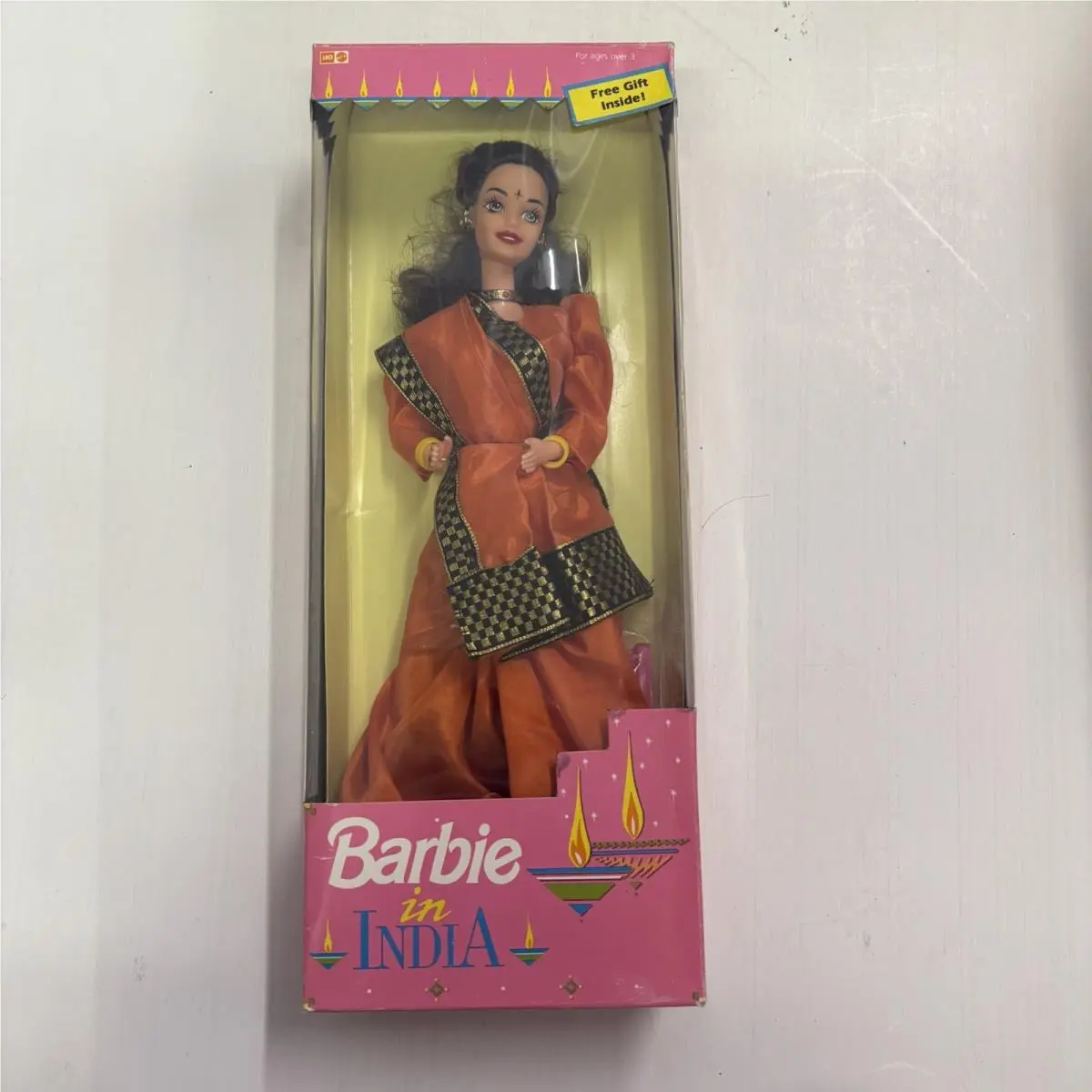 Barbie in India Doll Orange Gold Black Border Sari Brunette Leo Vintage 1997