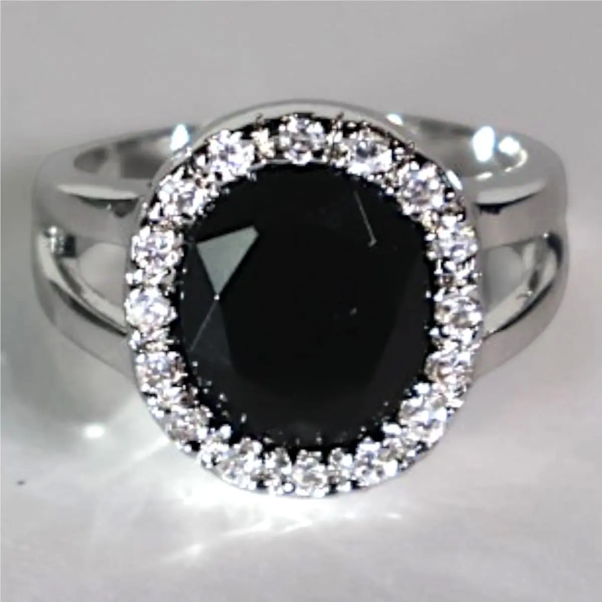 Swarovski Crystal Black Oval Halo Ring Rhodium Overlay Brass Size 8