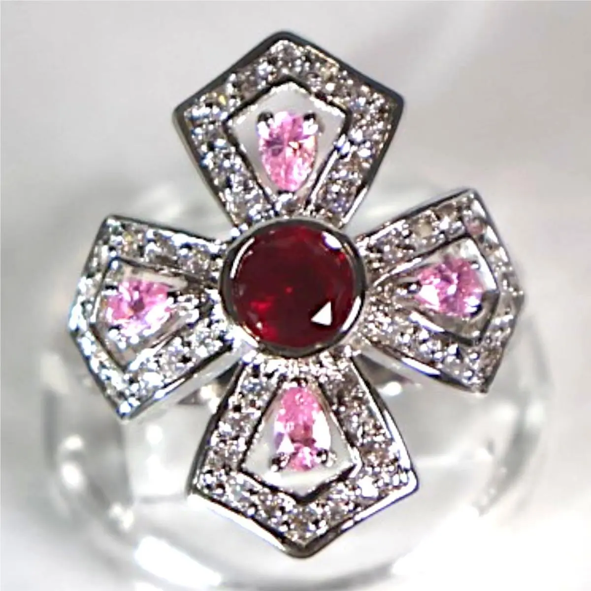 Swarovski Crystal Cross Ring Red Pink Sterling Silver Overlay Size 8
