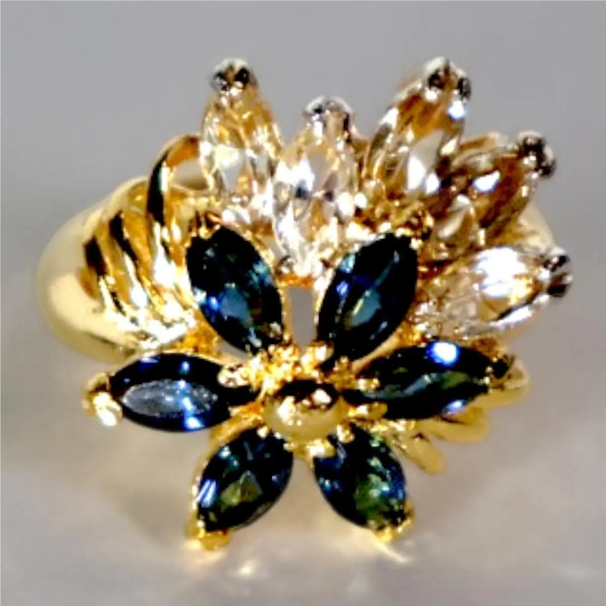 Swarovski Crystal Flower Ring 14k Gold Overlay Marquise Blue Clear Size 5