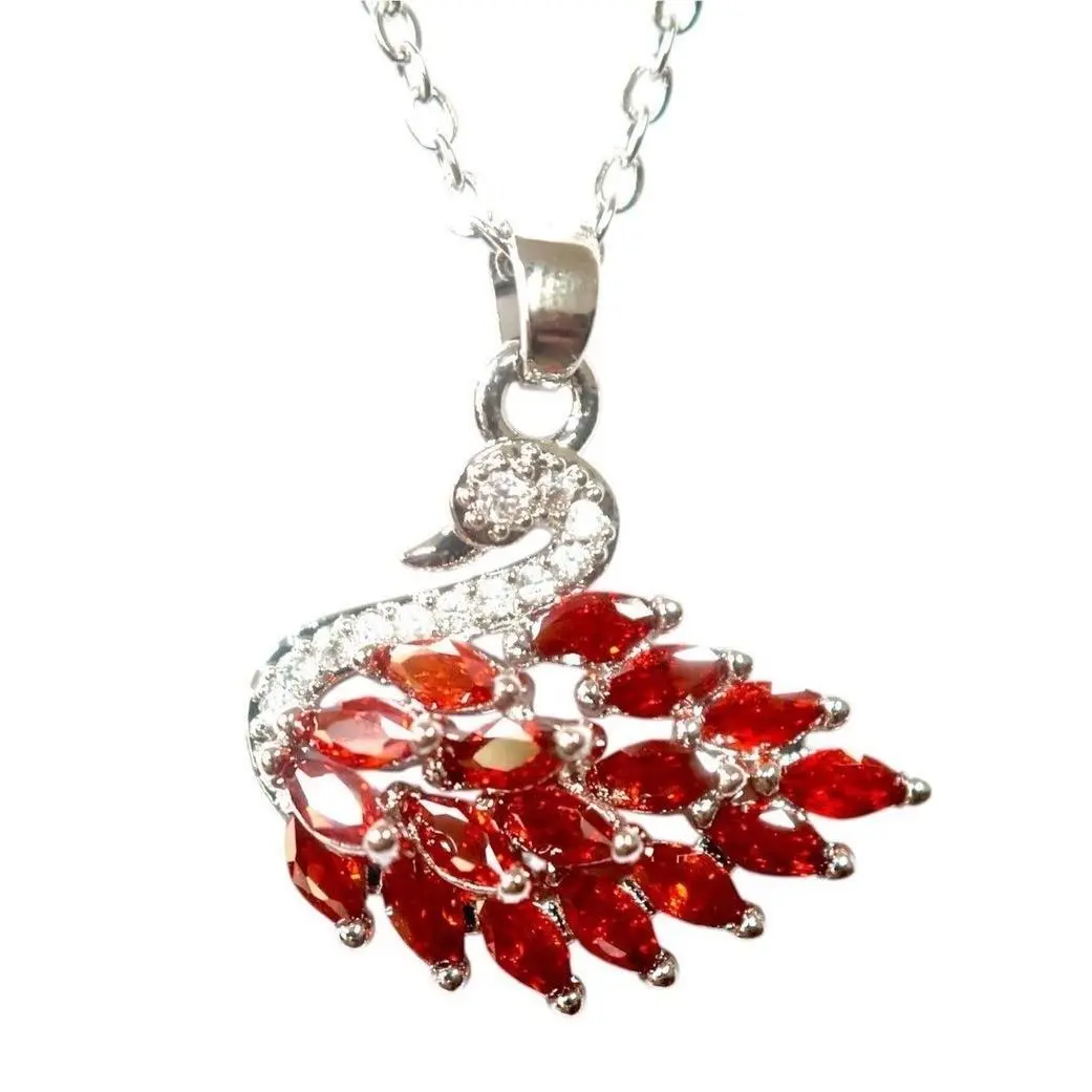 Red Swarovski Crystal Swan Pendant Necklace Silver Tone Marquise Wing