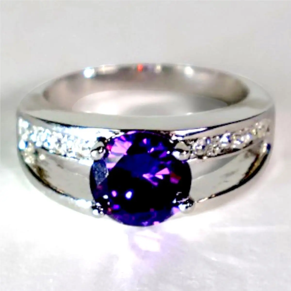 Swarovski Crystal Purple Round Cut Ring Sterling Silver Overlay Size 8