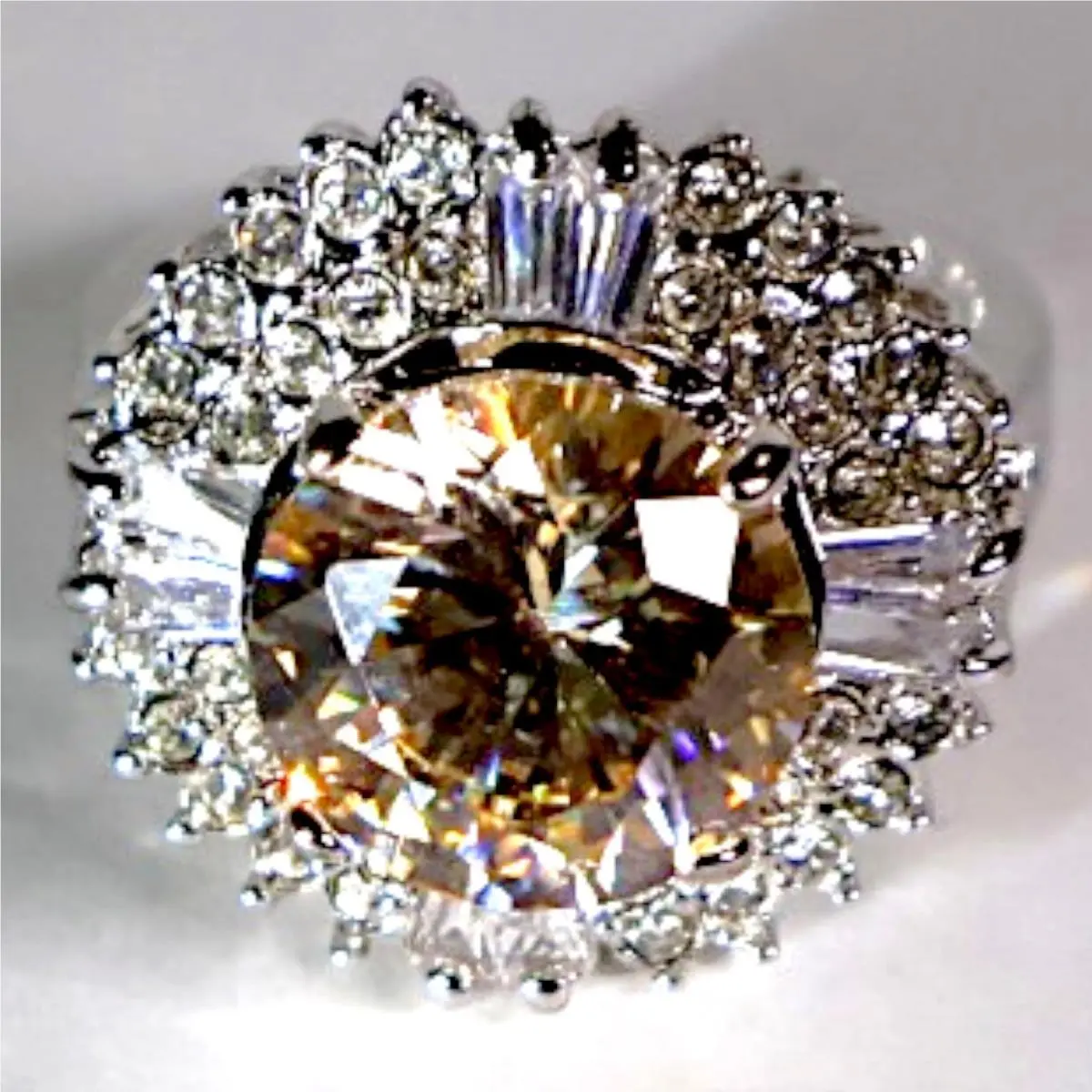 Swarovski Crystal Champagne Cocktail Ring Sterling Silver Overlay Size 8